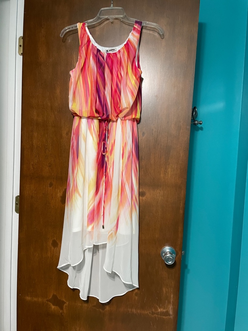 Sleeveless High-Low Maxi Dress in Pink, Coral & Yellow